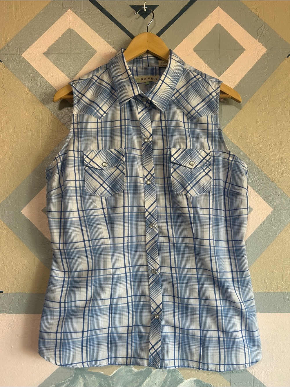 Roper Blue and White Plaid Sleeveless Western Button-Down Shirt
